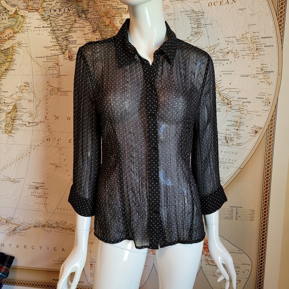 Croft & Barrow sheer black 3/4 sleeve button up colored polka dots whimsigoth M